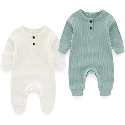 Baby Boy Girl Romper 2 Pack Long Sleeve Button Jumpsuit Cotton Unisex Infant Baby Clothes for 0-24 Months