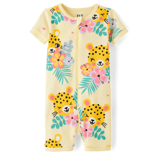 Baby And Toddler Girls Leopard Snug Fit Cotton Cropped One Piece Pajamas - Yellow