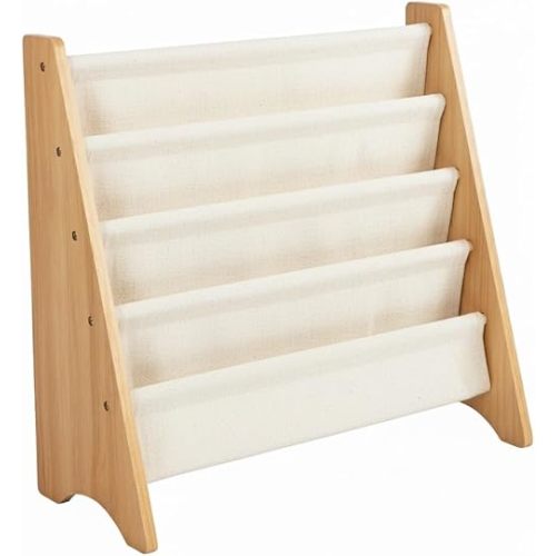 Humble Crew 4-Tier Kids Bookshelf, Natural/White - Premium Book Shelf for Kids Rooms with Four Deep Pockets - Toddler Sling Book Rack with Deep Sleeves, Nursery Bookcase Organizer