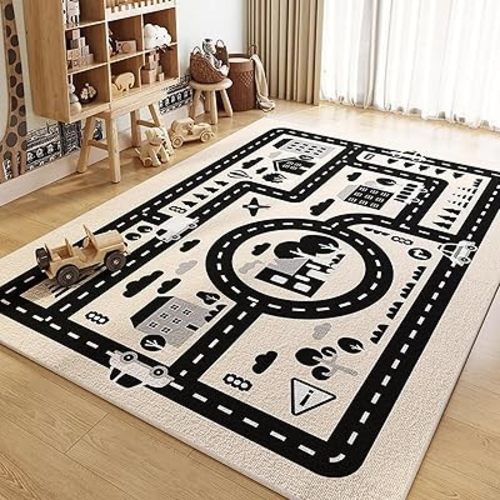Extra-Large Car Rug Play Mat – City Road, World Map & Magic Forest Design, Soft Carpet for Indoor Play & Room Decor (City Streets - Black & White, 40 x 60 cm / 15.75 x 23.62 in)