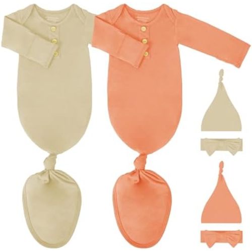 2Pack Newborn Baby Knotted Gown, Super Soft Modal Infant Long Sleeve Sleeper with Hat and Headband Set