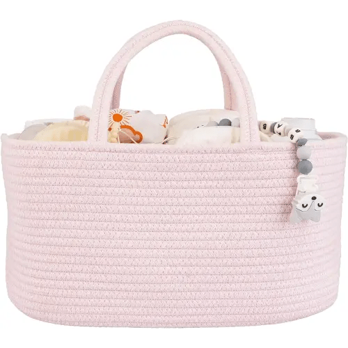 Large Baby Diaper Caddy Organizer for Girl Boy Rope Nursery Storage Bin Basket Portable Holder Tote Bag for Changing Table Car Travel Baby Shower Gifts Newborn Essentials Registry Must Haves Pink