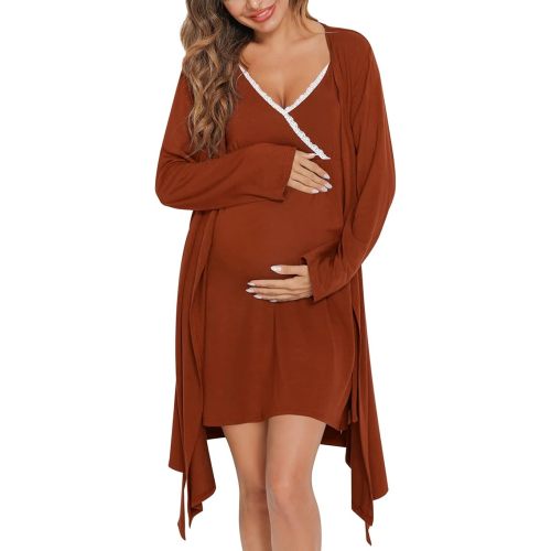 SWOMOG Womens Maternity Robe 2 Piece Nursing Nightgown for Breastfeeding 3 in 1 Labor Delivery Nursing Dress Lace Bathrobe
