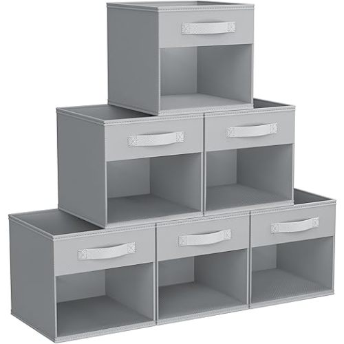 DIMJ Storage Cubes, 11x 11 inch Cube Storage Bin, 6 Pack Closet organizers and storage Bins with Window, Collapsible Baskets with Handle for Shelves, Clothes, Toys, Books (Grey)
