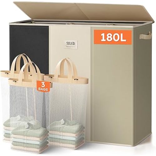 SOLEDI 180L 3-Section Laundry Hamper with Lid, Extra Large Dirty Clothes Basket with Sturdy Handles for Laundry Room & Bedroom - Durable Organizer for Sorting Laundry