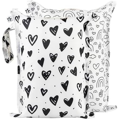 Tiny Twinkle Mess-Proof Waterproof Wet Dry Bag | 2-Pack Reusable Wet Bags for Swimsuits & Baby Clothes | Leakproof Wet Bag for Travel & Diaper Changes for Baby (Black, White)