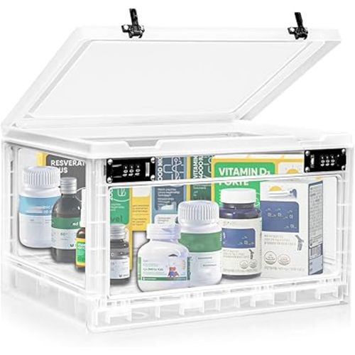 Large Medicine Lock Box with Dual 3-Digit Combination Locks, 24L Lockable Storage Box for Medication, Snacks, Phone, and Electronics - BPA-Free Organizer Bin for Home, Office, Fridge, and Safety