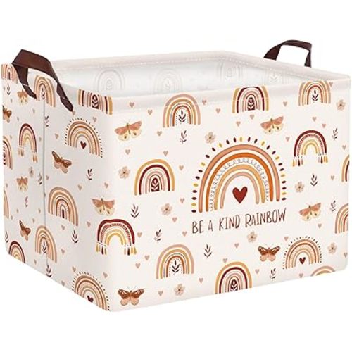 Clastyle Boho Rainbow Toy Basket Rectangle Butterfly Flower Pink Girl Basket Kid Room Decor Clothes Nursery Hamper Baby Gift Book Shelf Basket