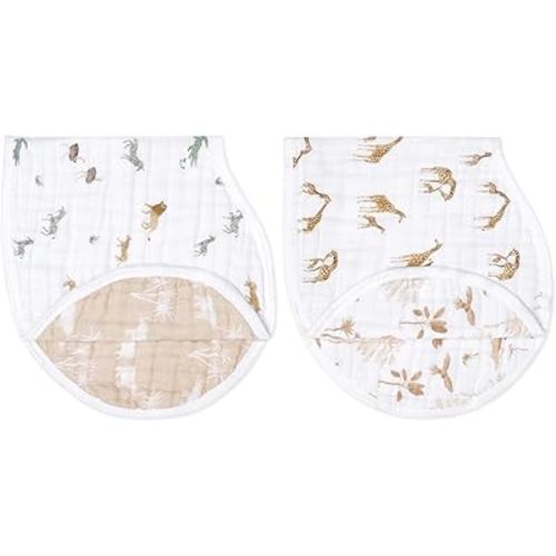 aden + anais 100% Organic Cotton Muslin Burpy Bib – Multi-Use, Absorbent 4-Layer Burp Cloth & Full-Coverage Snap-Closure Baby Bib, Lap-Shoulder Drool Cloth, 22.5” X 11”, 2-Pack, Safari Dreams