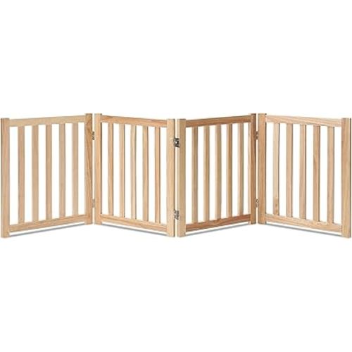 LZRS 4-Panel Wooden Free Standing Foldable Dog Gate Indoor – 24" High, Extra Wide Step-Over Safety Pet Gate for Doorways, Stairs, Hallways, Large Spaces & Playpen for Puppies Indoor Use, Natural