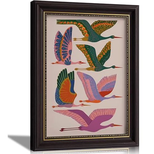 Viranna Framed Colorful Bird Wall Art, Vintage Flying Herons Canvas Prints | Boho Maximalist Animal Wall Picture, Mid Century Modern Folk Art Home Wall Decor for Living Room Kids Room Nursery 9x11inche
