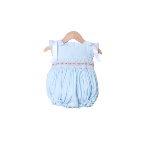 Smocked Heirloom Blue Linen Bow Bubble