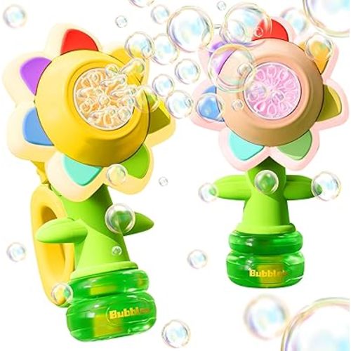 Rechargeable Flower Bubble Guns for Kids W/LED Lights & 10 Refill Solutions, Fun Swing Dance Bubble Maker Machine Blower Blaster Toys,Outdoor Summer Play, Easter, Birthday Party Favors & Gifts Yellow