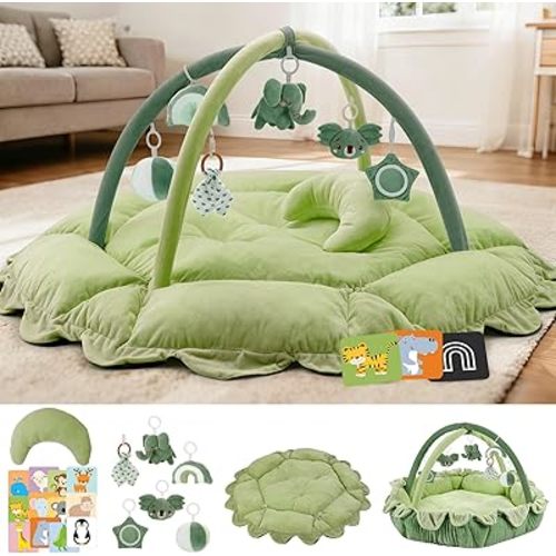 5-in-1 Baby Activity Gym & Play Mat with 6 Hanging Toys, Tummy Time Pillow & Cards - Extra Large, Reversible Machine Washable Pad - Gift for Newborns, Infants 0-12 Months, Green