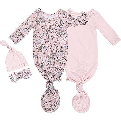 2-Pack Knotted Baby Gowns & Caps - Hospital Outfit Sleep for Girls & Boys, Easy Tie Sleeper Gowns