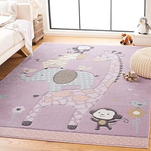 SAFAVIEH Carousel Kids Collection Area Rug - 4' x 6', Purple, Animal Design, Ideal for High Traffic Area for Boys & Girls in Playroom, Nursery, Bedroom (CRK120V-4)