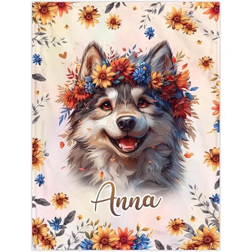 Personalized Wolf Baby Blanket - Cute Baby Wolf Gifts for Girl Boys - Floral Wild Animal Gifts for Newborn Infant New Mom - Custom Name Soft Cozy Plush Blanket Toddler Crib Bedding Decor