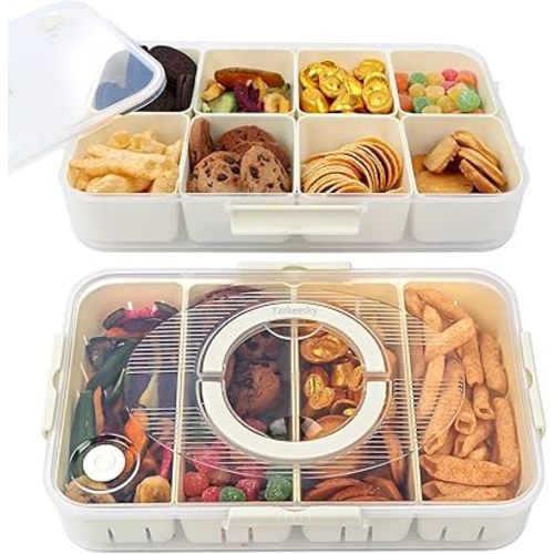 2PCS Divided Snackle Box Dishwasher Safe, Air-tight Snack Box Container, Portable Snack Platters, Divided Serving Tray with Lid and Handle for Candy Fruits Nuts, Veggie Tray 4+8 Compartments