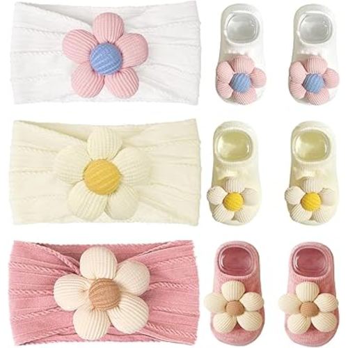 CÉLLOT Baby Girl Headband and Socks, Non-Slip Floral Socks and Soft Floral Nylon Hairbands for Babies Infants and Toddlers