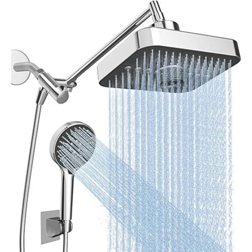 High Pressure Rain Shower Head with Handheld Sprayer Combo, Dual Showerhead Set (3 Rainfall +6 Handheld Sprays) with 71 Inch Longer Stainless Steel Hose and 11" Adjustable Extension Arm Silver Black