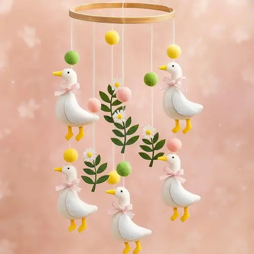 Vicenpal Silly Goose Baby Mobile for Crib Pink Nursery Decor Silly Goose Baby Stuff Felt Nursery Mobile for Girl Crib Neutral Wooden Handmade Hanging Decor