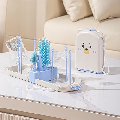 6-in-1 Portable Baby Bottle Cleaning Set, Silicone Baby Bottle Brush Kit with Bottle Brush,Nipple Brush,Straw Brush,Soap Dispenser, Drying Rack, Travel Storage Case, BPA Free,Blue