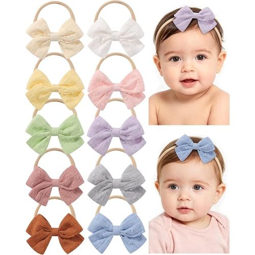 jollybows Baby Girls Cotton Hair Bows Headbands Nylon Hair Bands Elastic Hair Accessories for Newborn Kids Infants Toddlers 10Pcs Solid Linen