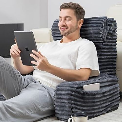 24" XXL Back Pillow for Bed Sitting Up with Armrests & Big Pockets