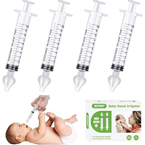 JUSONEY Baby Nose Syringe - Professional Fly Baby Irrigator with Clean and Reusable Silicone Nose Tips (4 Pieces)