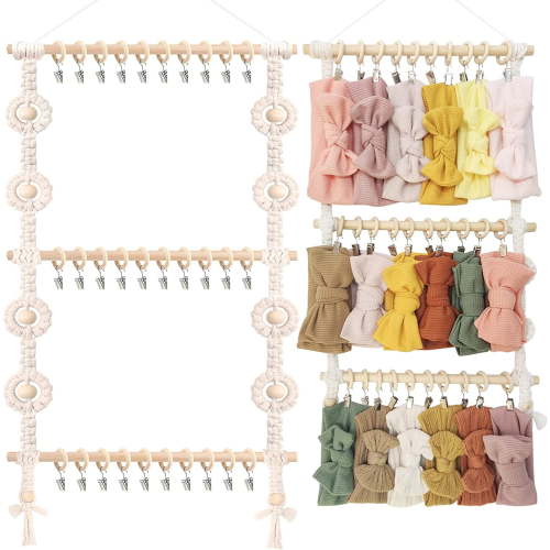 Hltop Baby Headband Holder Hair Bows and Accessories Storage Organizer Wall Hanging Decor for Nursery Toddler Girls Room (Beige-3 Layer)