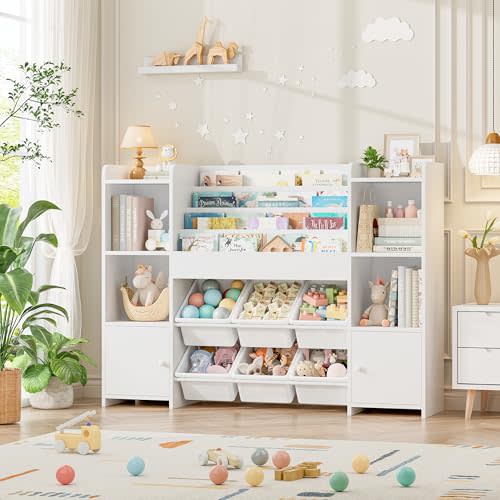 FINETONES Toy Storage Organizer with 6 Toy Bins, Toy Organizer Kids Bookshelf with 6 Cubbies, Toy Organizers and Storage Bins Playroom Storage for Kids Room, White