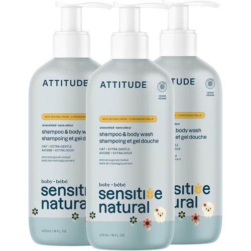 ATTITUDE Baby 2-in-1 Shampoo and Body Wash, EWG Verified, Plant- and Mineral-Based Ingredients, Vegan Products for Sensitive Skin, Unscented, 473 mL (Pack of 3)