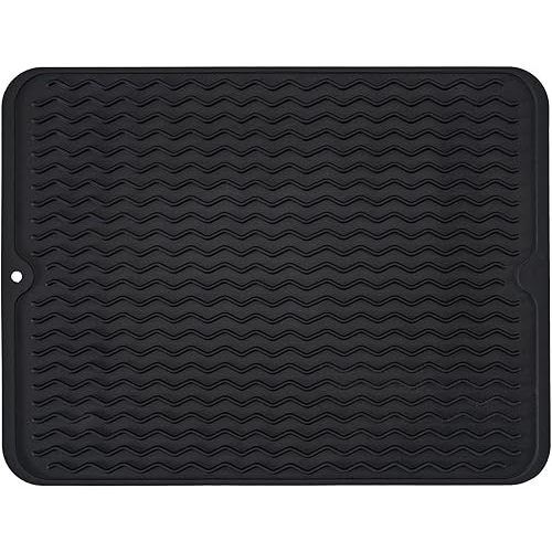 Silicone Dish Drying Mat, Non-Slip Easy Clean Sink Mat Large Heat-resistant Dish Drainer Mat for Kitchen Counter, Sink, Refrigerator or Drawer liner (16" x 12", BLACK)