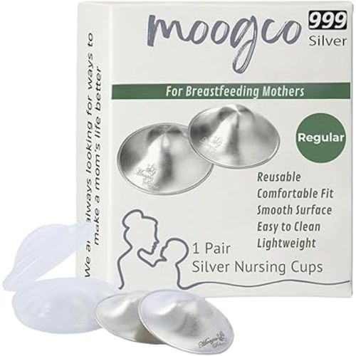 MOOGCO Silver Nursing Cups — 999k Pure Silver Nipple Shields for Breastfeeding — Chemical-Free Nipple Protection (Regular, Set of 2)