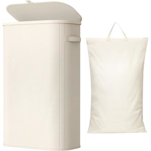 Lifewit Slim Laundry Basket with Lid, Narrow Large Laundry Hamper with Plastic Handles and Removable Bag, Tall Foldable Dirty Clothes Hampers for Laundry Room, Bedroom, Bathroom, Dorm, 65L White