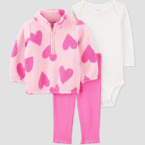 Carter's Just One You® Baby Girls' 3pc Heart Fleece Sweatshirt with Long Sleeve Bodysuit and Leggings Set - Pink 9M