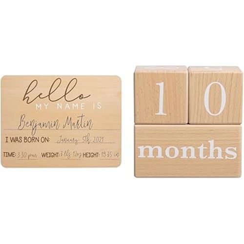 Bundle of Pearhead Baby Welcome Sign + Pearhead Wooden Baby Age Milestone Blocks, Weeks Months Years Number Blocks for Baby Gift and Nursery Decor