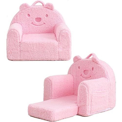 Toddler Chair,Sherpa Bear Kids Chair,Toddler Couch Fold Out,Children Reading Chair,Flip Out Kids Couch,Toddler Sofa Convertible for Age 1-3(Pink Bear)