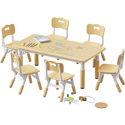 Brelley Kids Table and 6 Chairs Set, Height Adjustable Toddler Desk and Chair Set, Graffiti Desktop, Classroom/Daycare/Home, Children Multi-Activity Table for Ages 2-8