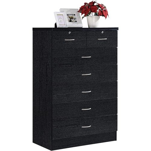 HODEDAH 7 Drawer Wood Dresser for Bedroom, 31.5 inch Wide Chest of Drawers, with 2 Locks on the Top Drawers, Storage Organization Unit for Clothing, Black