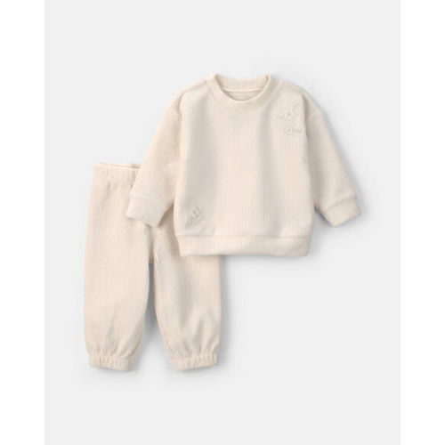 Baby Girl 2-Piece Flower Ribbed Long-Sleeve Top & Pant Set - Cream | Carter's
