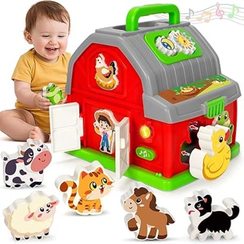 Montessori Toddler Toys for 1 2 3 Year Old Gifts, Musical Farm Animal Barn Toy for Boys Girls, Shape Sorting Fine Motor Learning Toy for Toddlers 1-2 2-3, Christmas Birthday Gift for Baby 12-18 Months