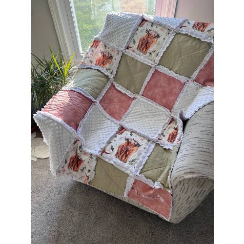 Handmade to order Highland cow Floral rag quilt in soft tones