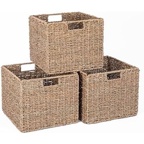 Seagrass Storage Baskets, 12X12X10in Cube Wicker Storage Basket for Shelves, Pantry Baskets Organization and Storage, Kitchen Storage Baskets, Bathroom Shelves Storage Basket Set of 3