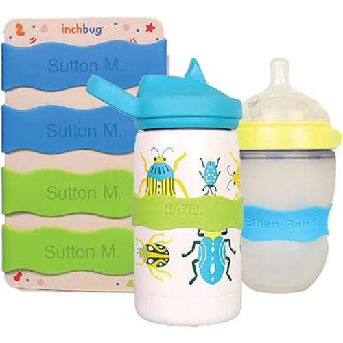 InchBug Orbit Labels Baby Bottle and Water Bottle Silicone Name Bands – Personalized Reusable Label Set for Daycare, Sippy Cups, Preschool, Elementary School, Dishwasher Safe (Dragon Tail) 4-Pack
