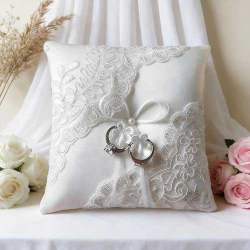 Luxury Wedding Ring Pillow, Ivory Ring Bearer Pillow with Pearl or Ribbon Tie Design, Elegant Bridal Ceremony Pillow