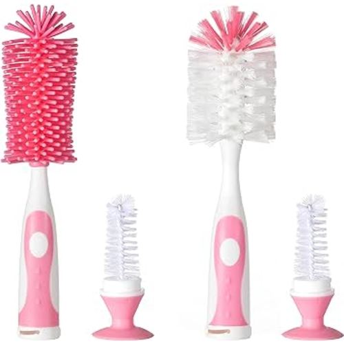 Multifunctional Cleaning Brush, Baby Bottle Brush, Bottle Brush Cleaner (Rotate The Suction Cup to Obtain The Small Bristle Brushes) Set Z, Pink, Silicone and Nylon Brush