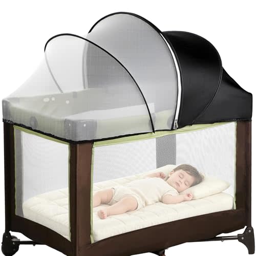 Pack N Play Tent Cover - Half-Blackout Mosquito Net for Crib & Playpen, Baby Bassinet Cover for Cats with 2-Way Zipper, Sun-Blocking Bug Net for Travel Crib (Black-Large)