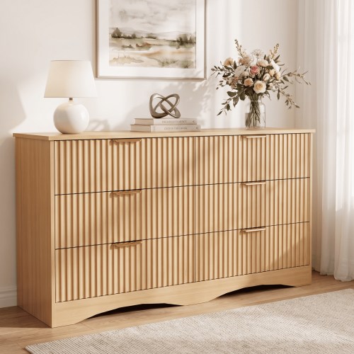 Homall 6 Drawer Fluted Dresser for Bedroom, 47'' Modern Dresser Chest of Drawers with Gold Handles & Curved Base, Wood Storage Dresser Organizer for Living Room, Entryway, Natural