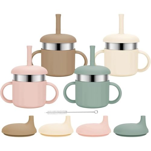 Baby Sippy Cups, 7.4 Oz 3 Stages Training Cup, Straw Cup for Infants Toddlers 6-12 Month and Kids 1-3 Year, Stainless Steel Kid Cups with Silicone Straws, 4 Colors A